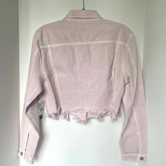 J Brand Trucker Oversized Crop Jacket Womens Medium Pink Cyra Denim Raw Hem - Picture 3 of 8